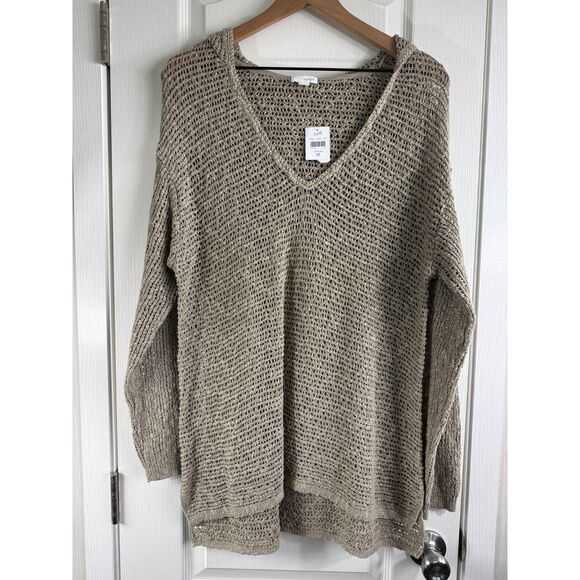 J Jill Pure Jill Pullover Open Knit Hooded Sweater Tan Cotton Women's M - NWT - Picture 1 of 11